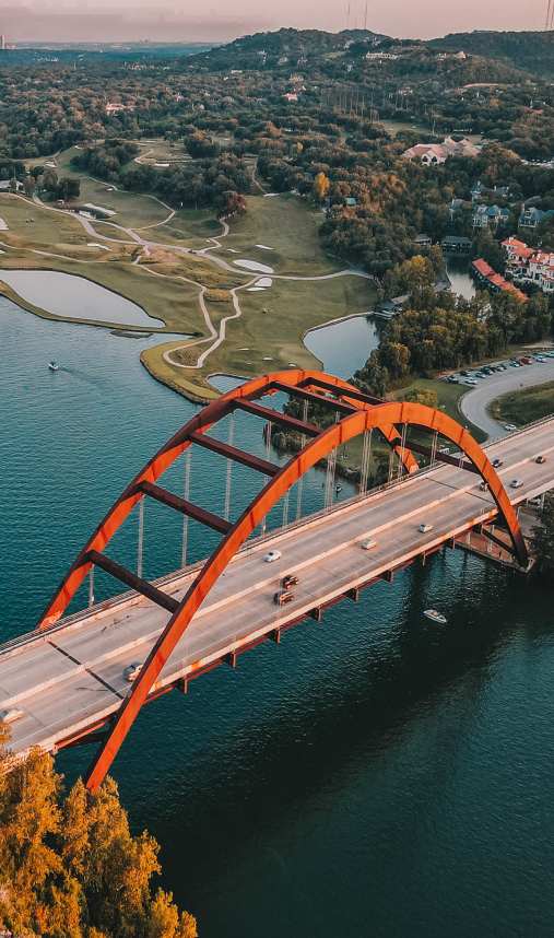 Aerial view of the Pennybacker Bridge in Austin, TX.