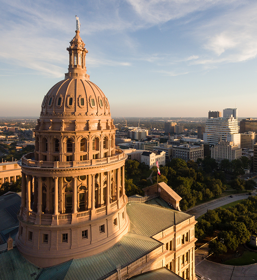 Aerial view of the Texas state capitol.