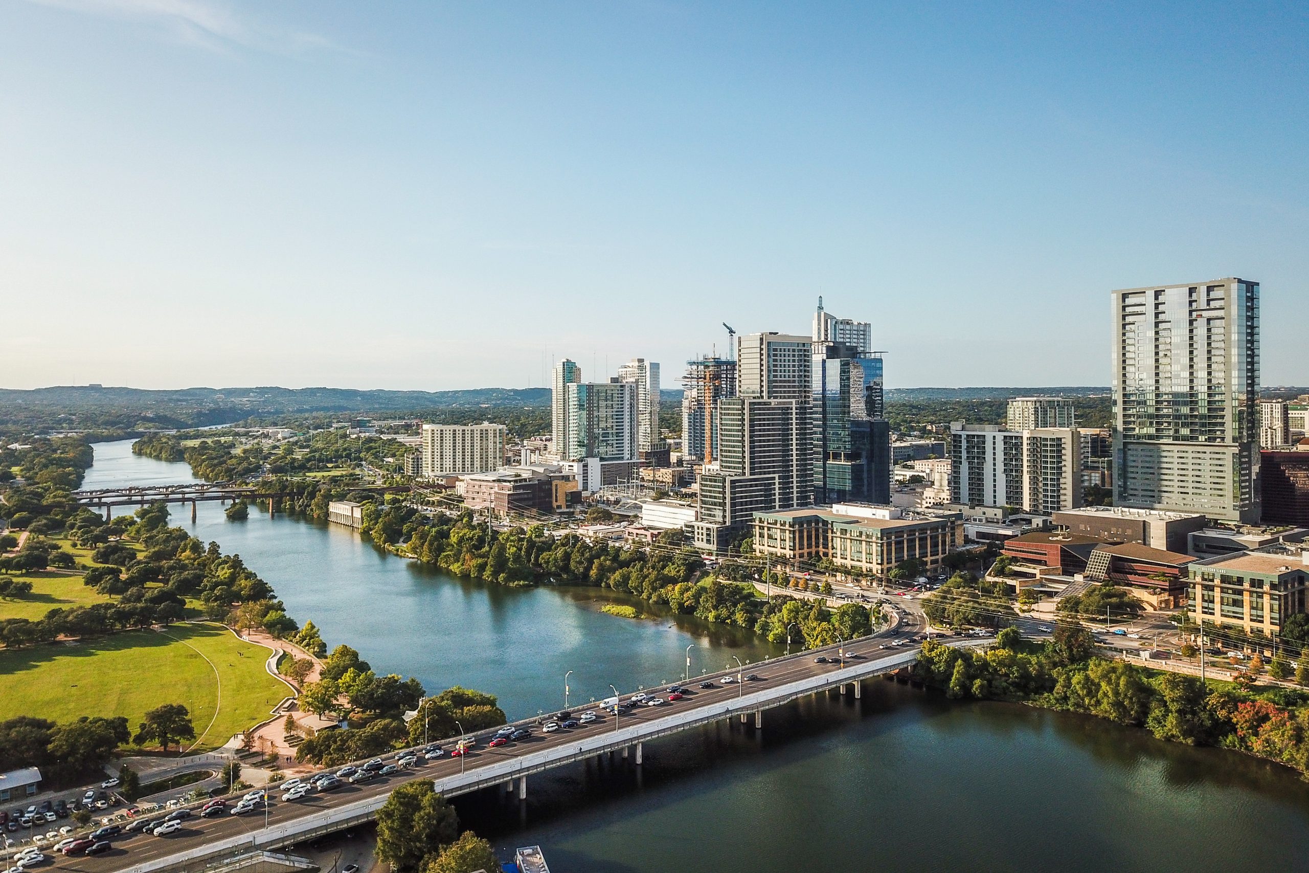 Aerial photo of Austin Texas showing Congress Ave Bridge and city skyline